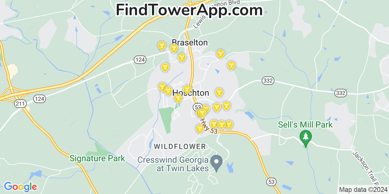 AT&T 4G/5G cell tower coverage map Hoschton, Georgia