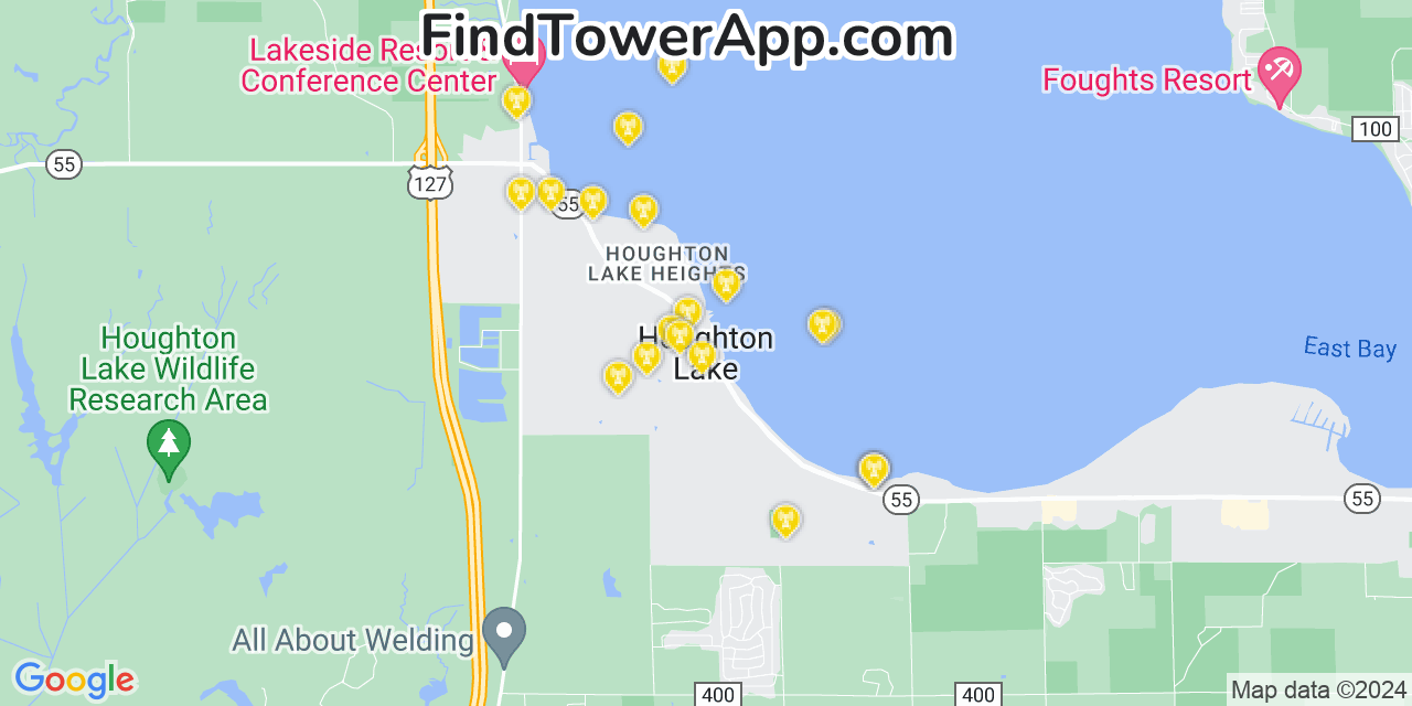 Verizon 4G/5G cell tower coverage map Houghton Lake, Michigan
