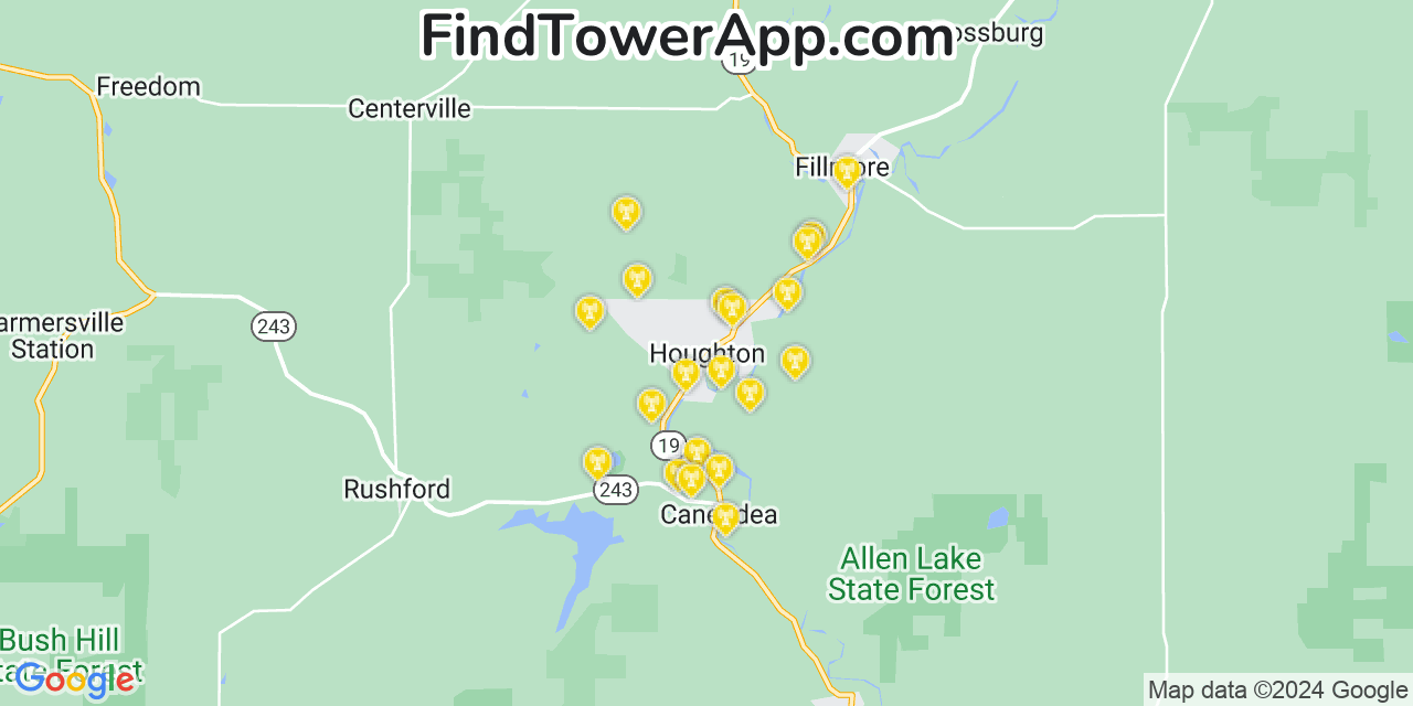 AT&T 4G/5G cell tower coverage map Houghton, New York
