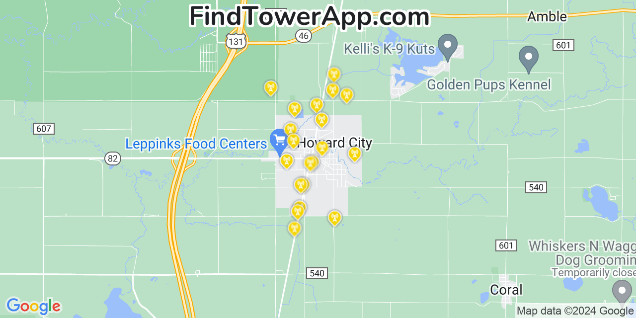 Verizon 4G/5G cell tower coverage map Howard City, Michigan