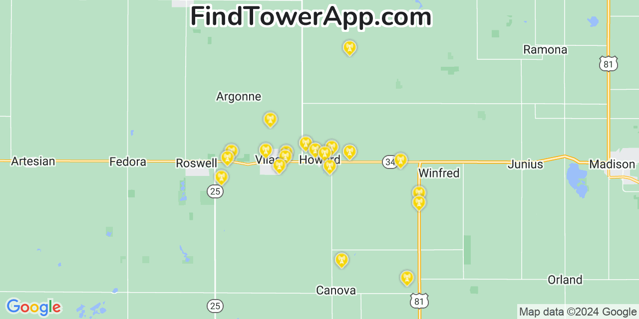 AT&T 4G/5G cell tower coverage map Howard, South Dakota