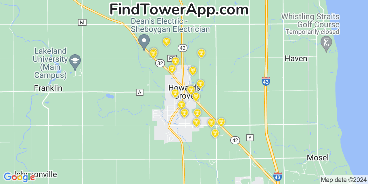 AT&T 4G/5G cell tower coverage map Howards Grove, Wisconsin