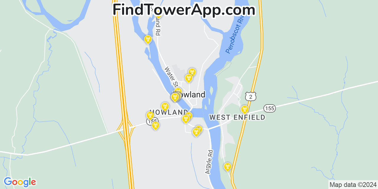 AT&T 4G/5G cell tower coverage map Howland, Maine