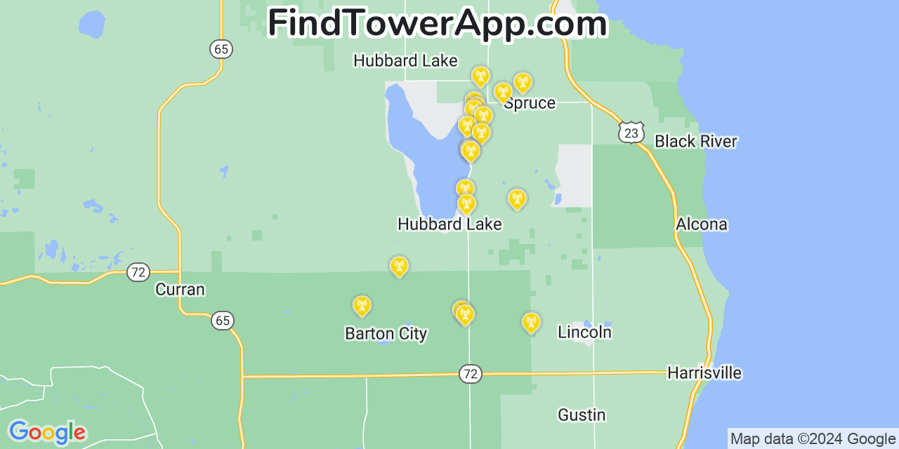 Verizon 4G/5G cell tower coverage map Hubbard Lake, Michigan