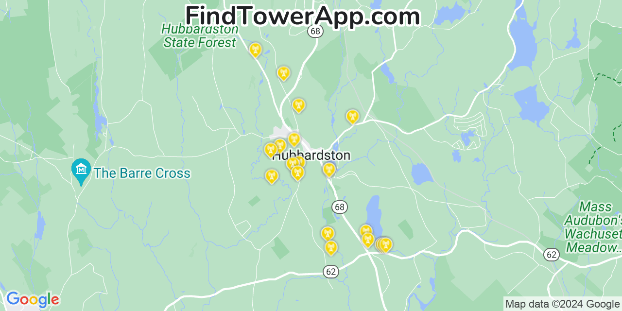 AT&T 4G/5G cell tower coverage map Hubbardston, Massachusetts