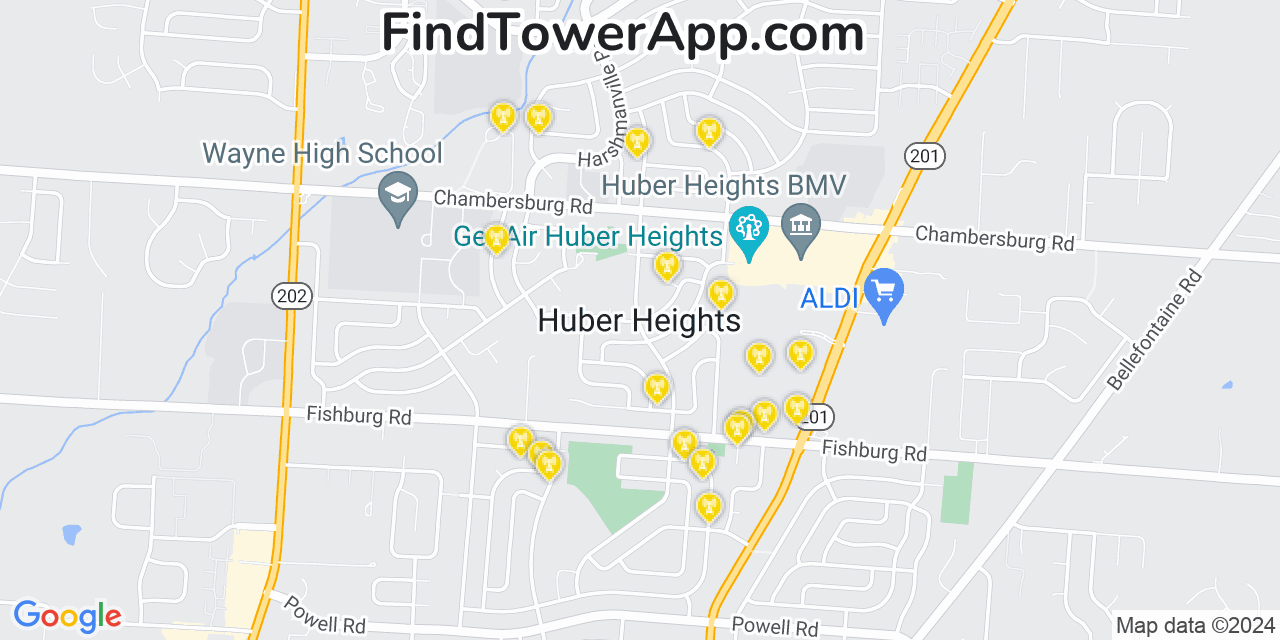 AT&T 4G/5G cell tower coverage map Huber Heights, Ohio