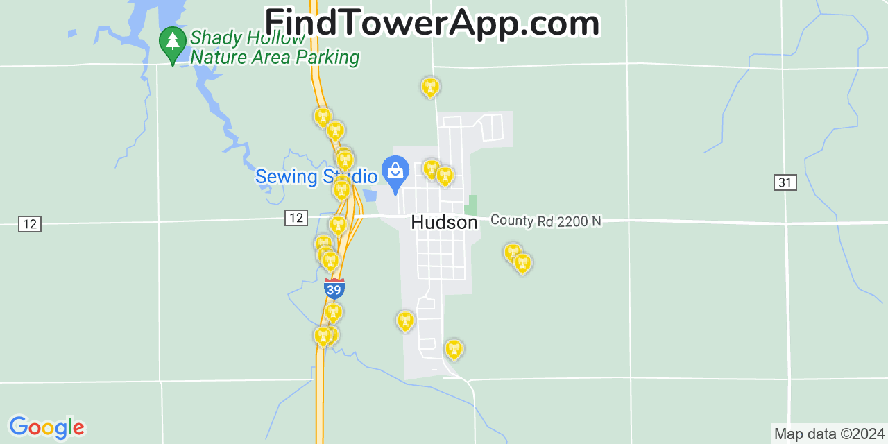 Verizon 4G/5G cell tower coverage map Hudson, Illinois