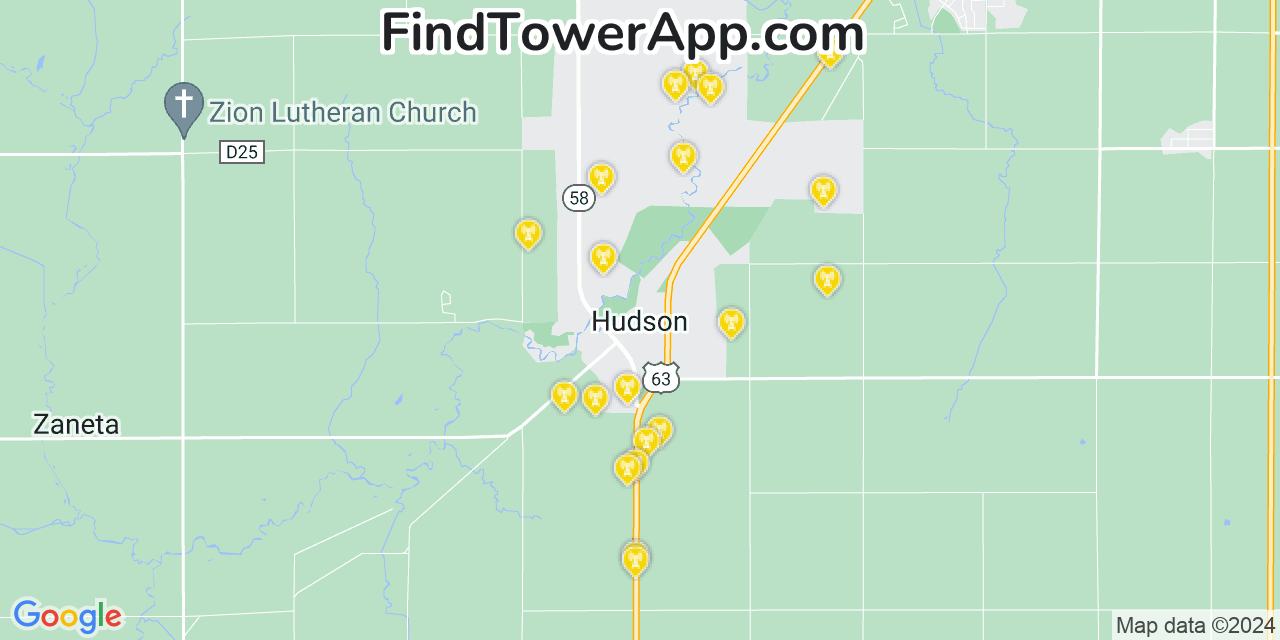 AT&T 4G/5G cell tower coverage map Hudson, Iowa