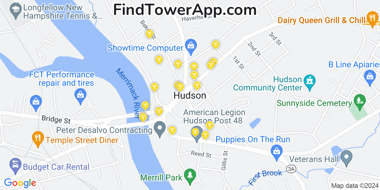 AT&T 4G/5G cell tower coverage map Hudson, New Hampshire