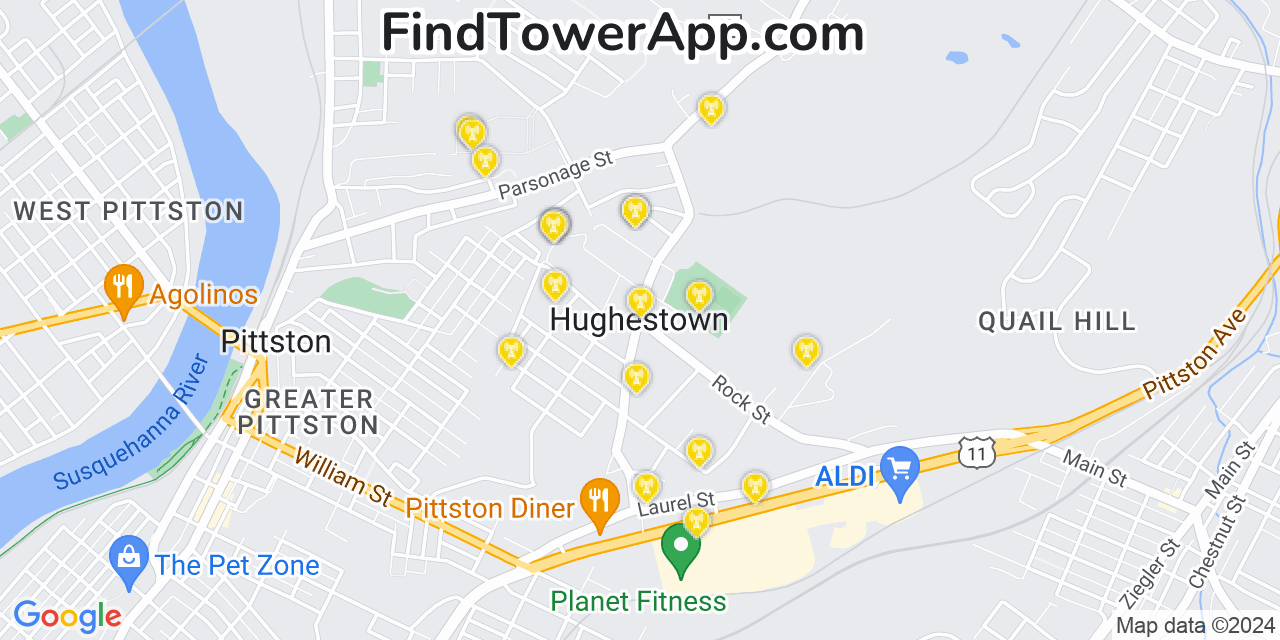 AT&T 4G/5G cell tower coverage map Hughestown, Pennsylvania
