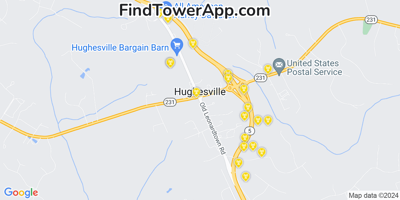 AT&T 4G/5G cell tower coverage map Hughesville, Maryland