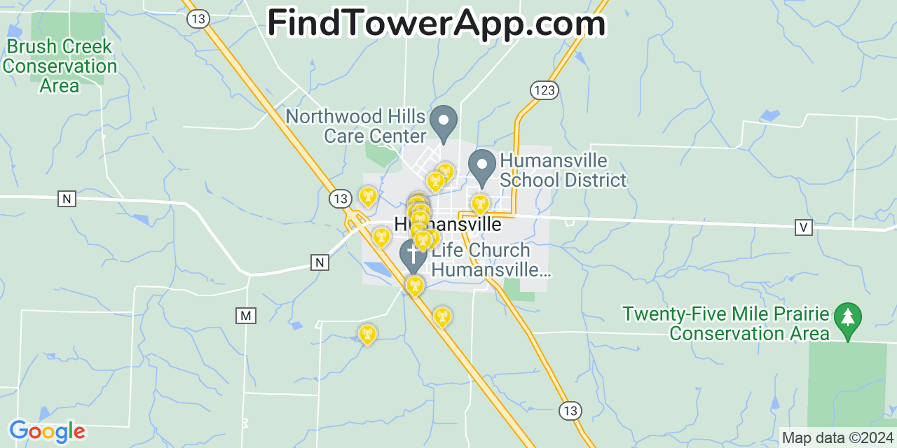 Verizon 4G/5G cell tower coverage map Humansville, Missouri