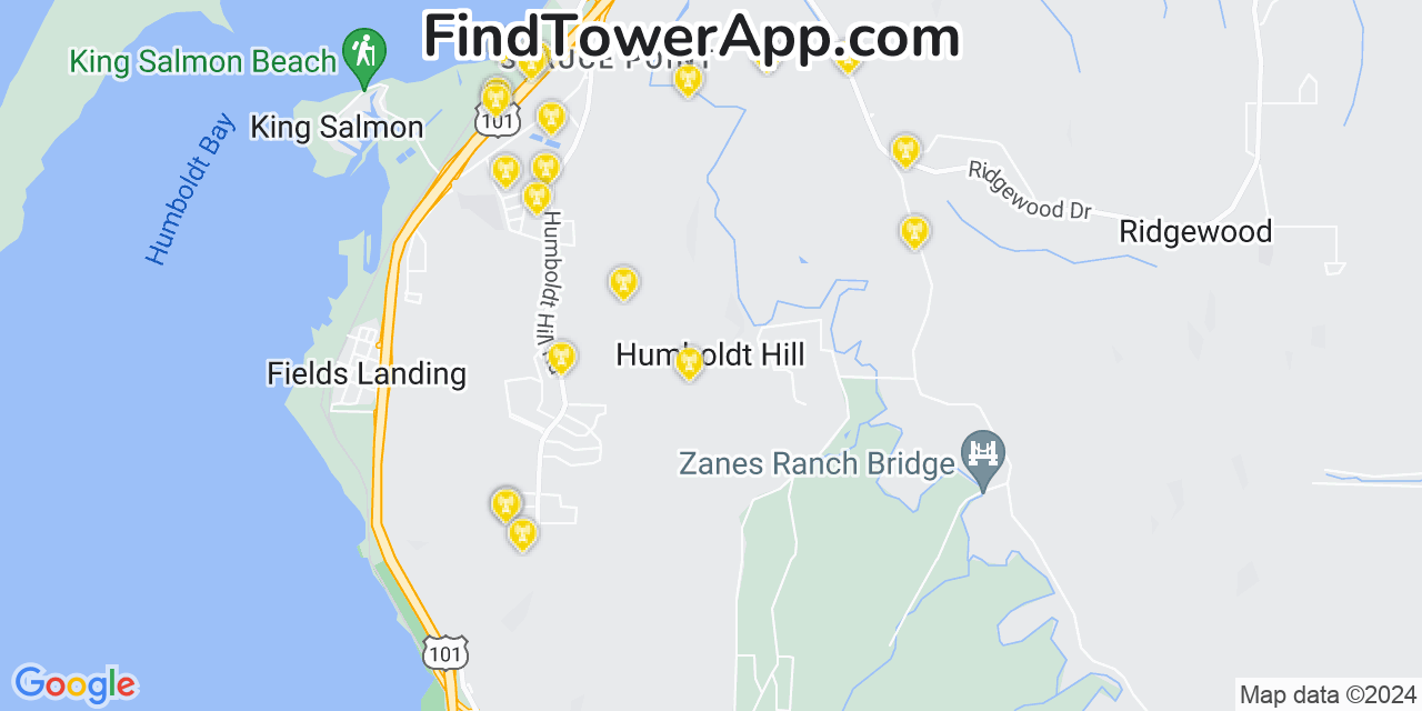Verizon 4G/5G cell tower coverage map Humboldt Hill, California