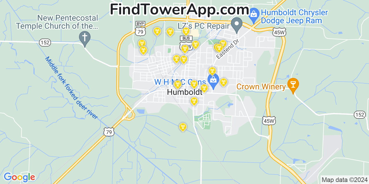 AT&T 4G/5G cell tower coverage map Humboldt, Tennessee