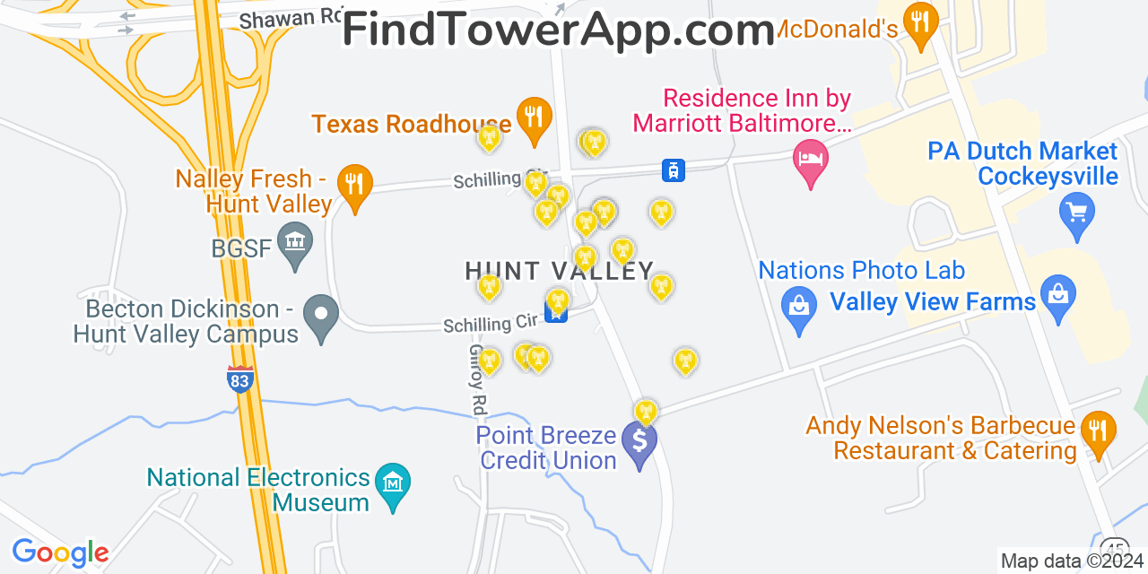 AT&T 4G/5G cell tower coverage map Hunt Valley, Maryland