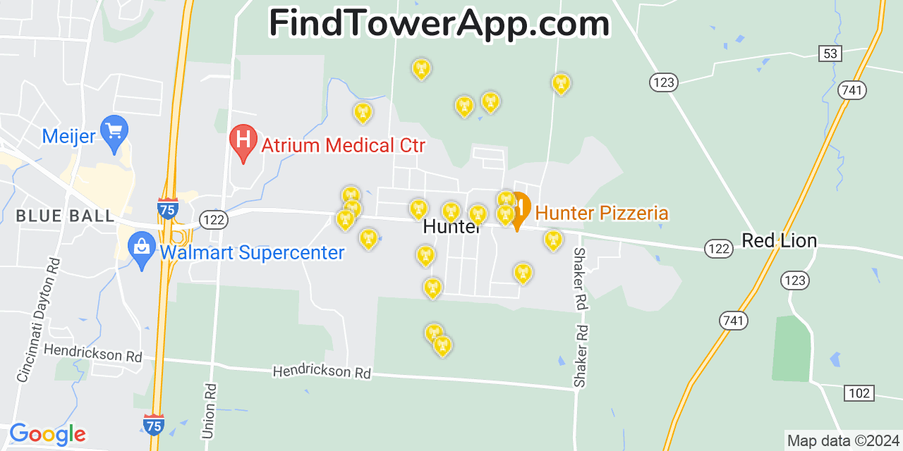 Verizon 4G/5G cell tower coverage map Hunter, Ohio