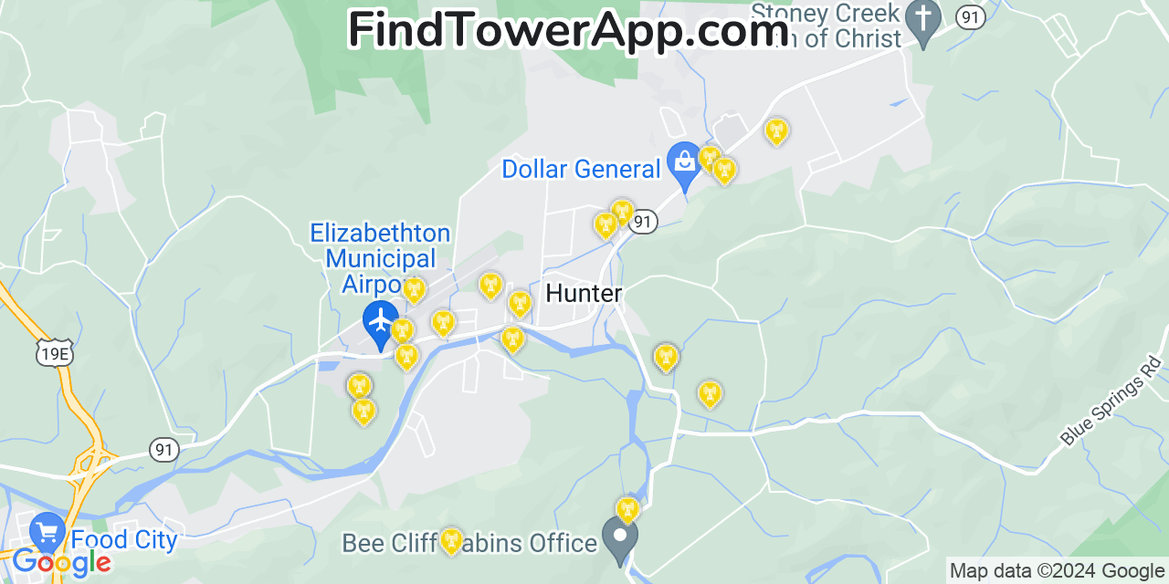 AT&T 4G/5G cell tower coverage map Hunter, Tennessee