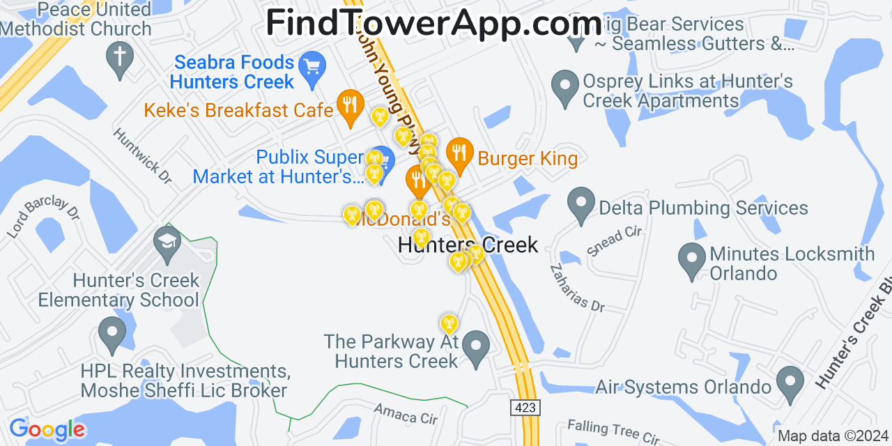 AT&T 4G/5G cell tower coverage map Hunters Creek, Florida