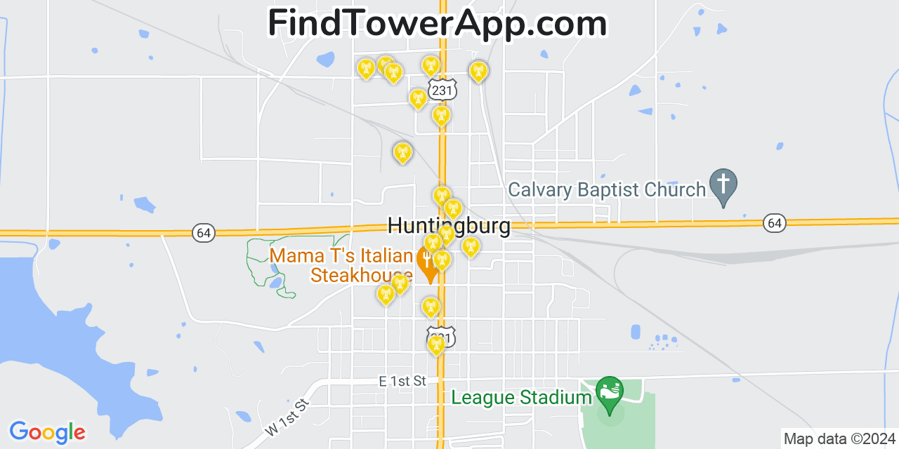 AT&T 4G/5G cell tower coverage map Huntingburg, Indiana