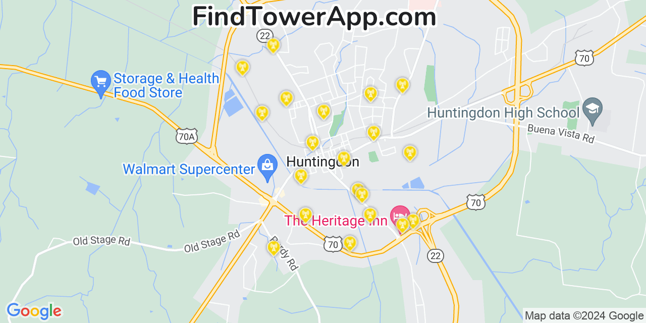 AT&T 4G/5G cell tower coverage map Huntingdon, Tennessee