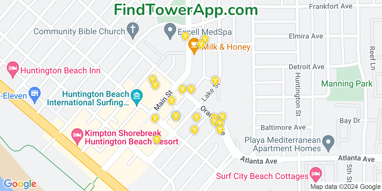 AT&T 4G/5G cell tower coverage map Huntington Beach, California