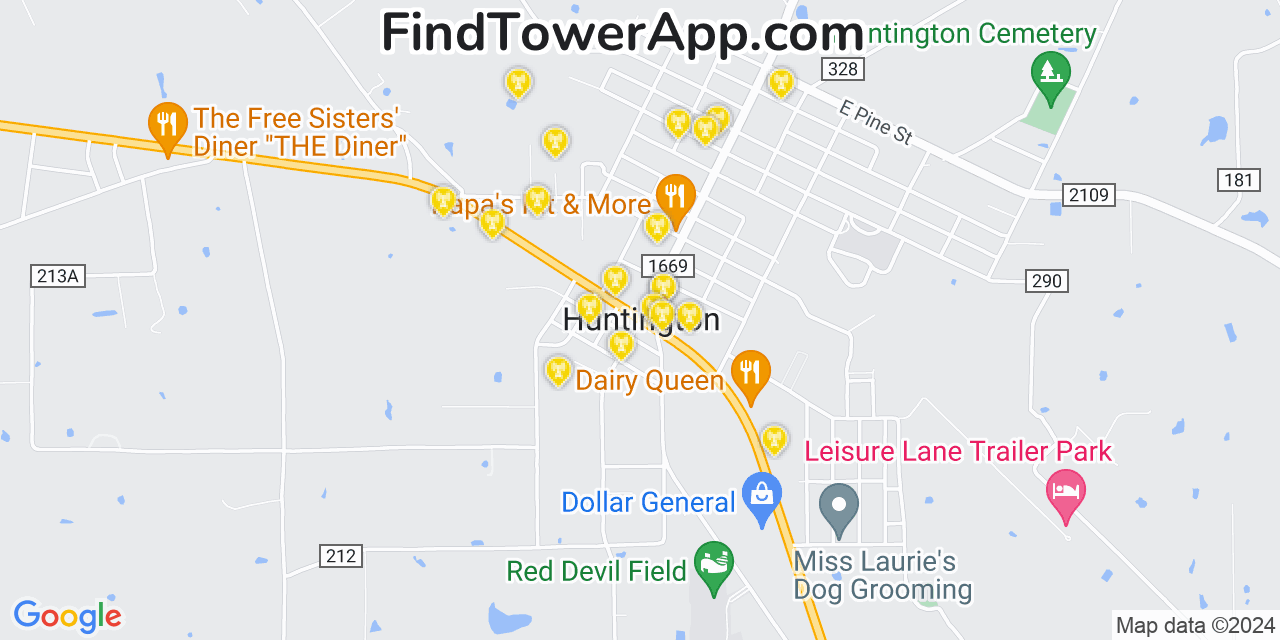 AT&T 4G/5G cell tower coverage map Huntington, Texas