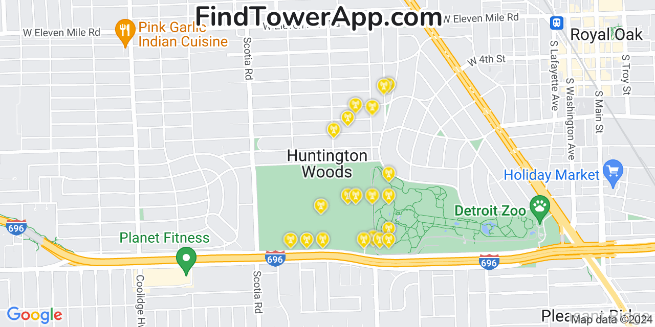 AT&T 4G/5G cell tower coverage map Huntington Woods, Michigan