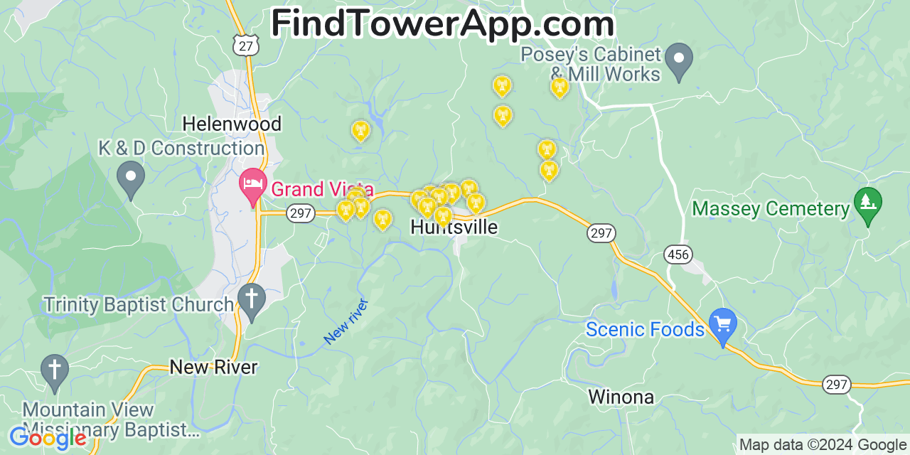 AT&T 4G/5G cell tower coverage map Huntsville, Tennessee