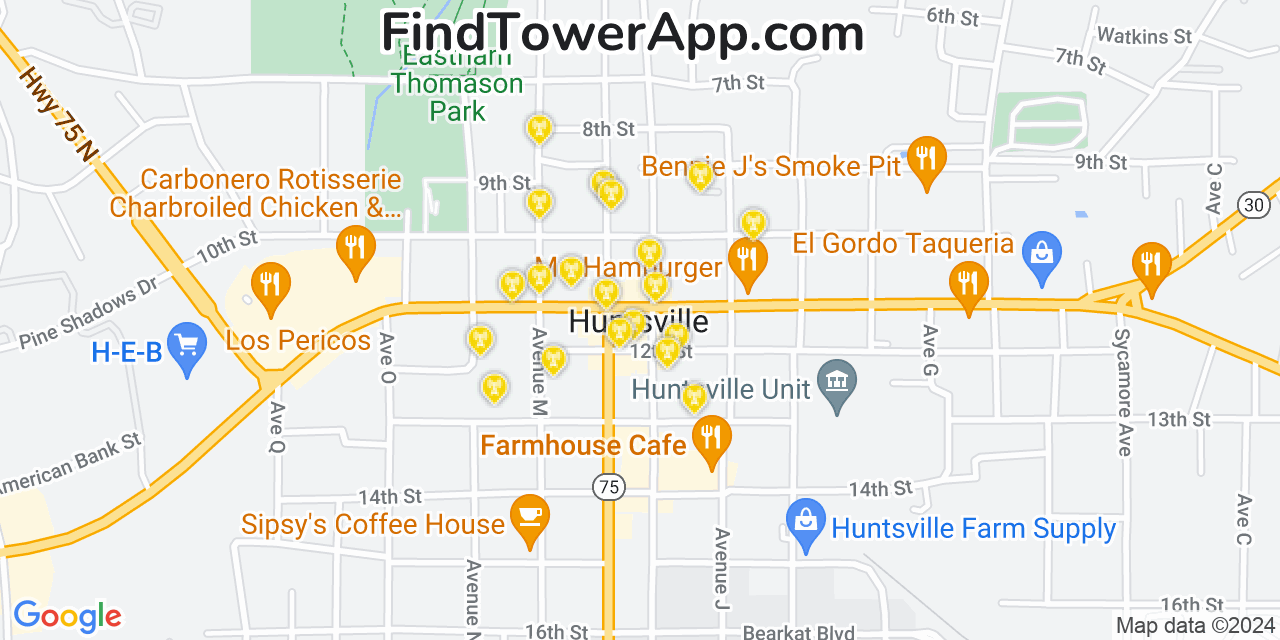 AT&T 4G/5G cell tower coverage map Huntsville, Texas