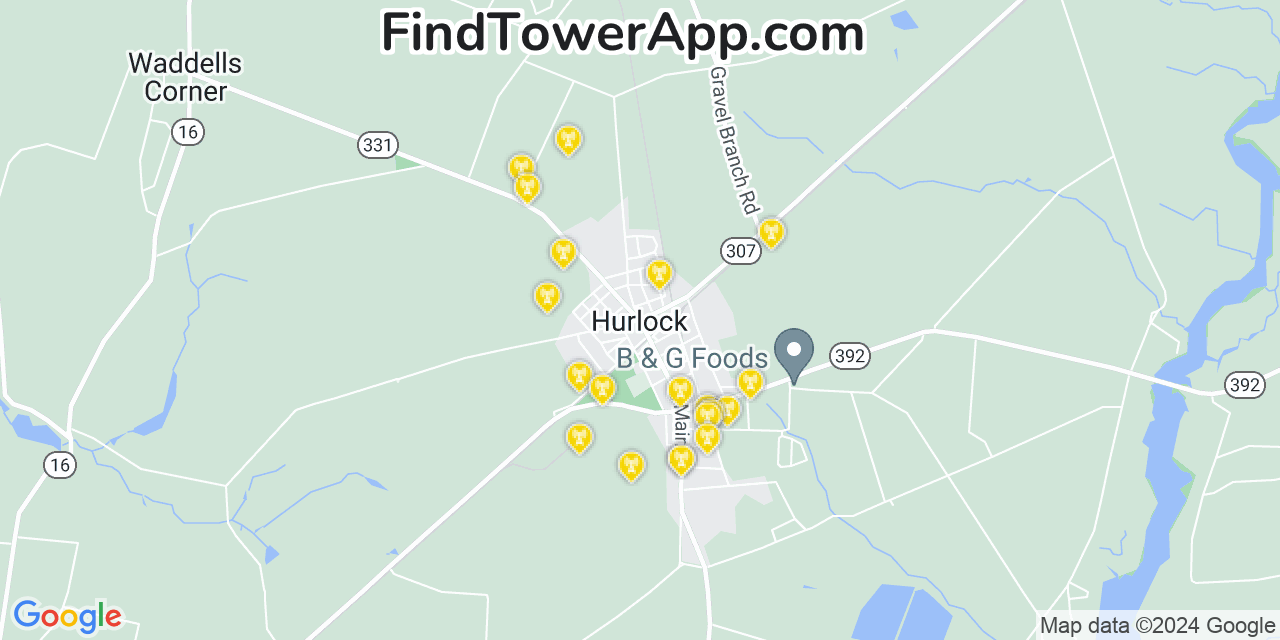 AT&T 4G/5G cell tower coverage map Hurlock, Maryland