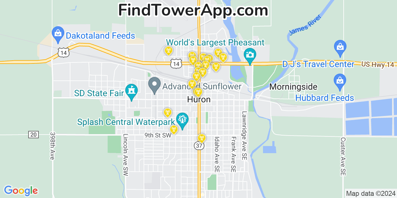 AT&T 4G/5G cell tower coverage map Huron, South Dakota