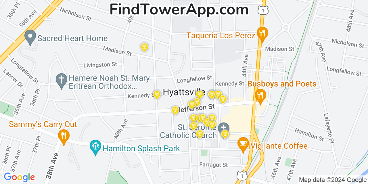 Verizon 4G/5G cell tower coverage map Hyattsville, Maryland