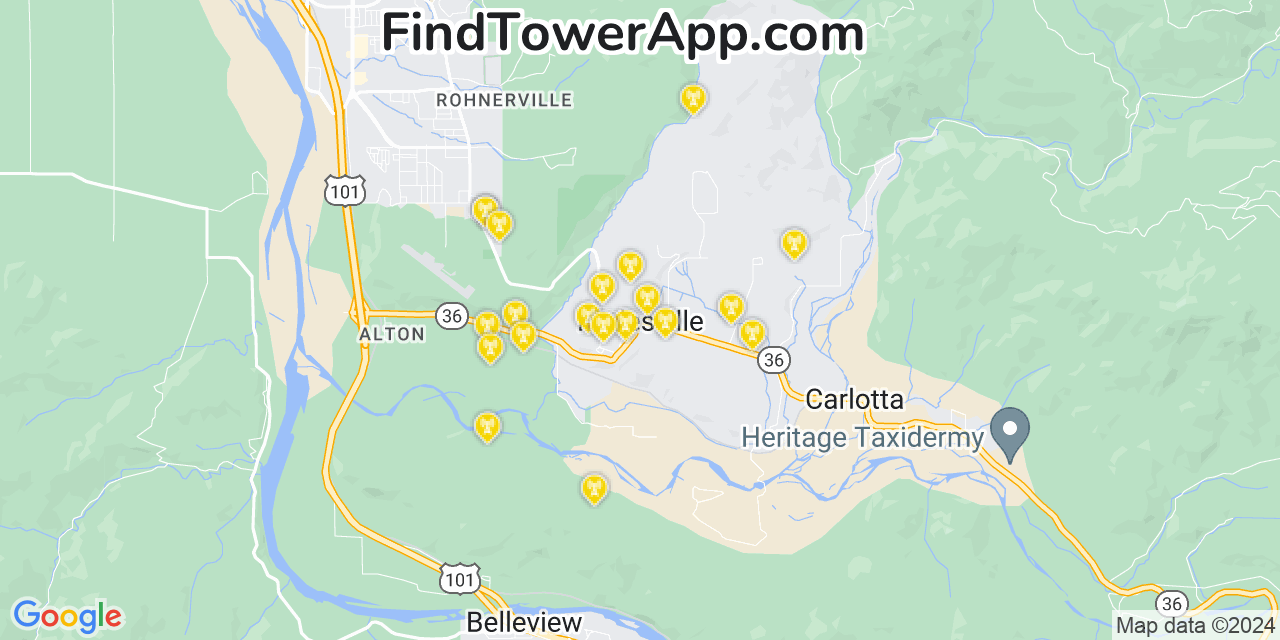 AT&T 4G/5G cell tower coverage map Hydesville, California
