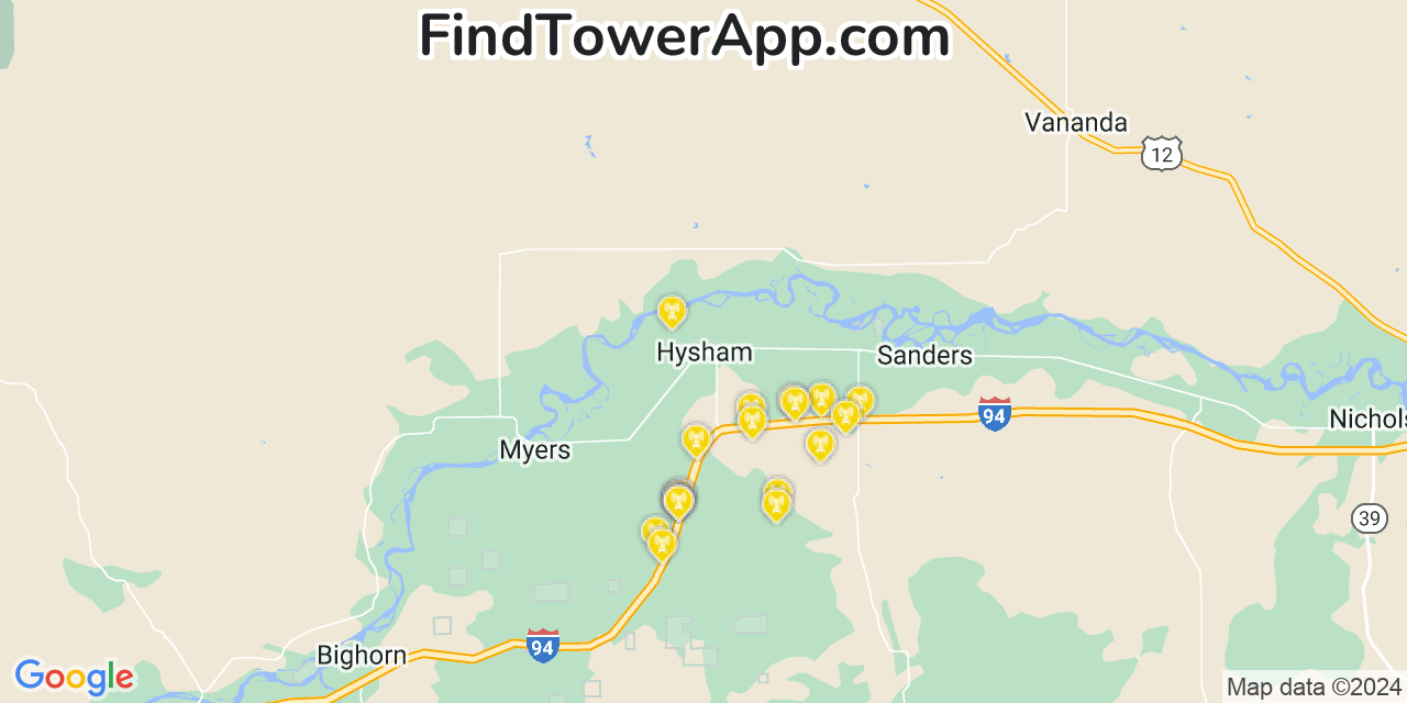 AT&T 4G/5G cell tower coverage map Hysham, Montana