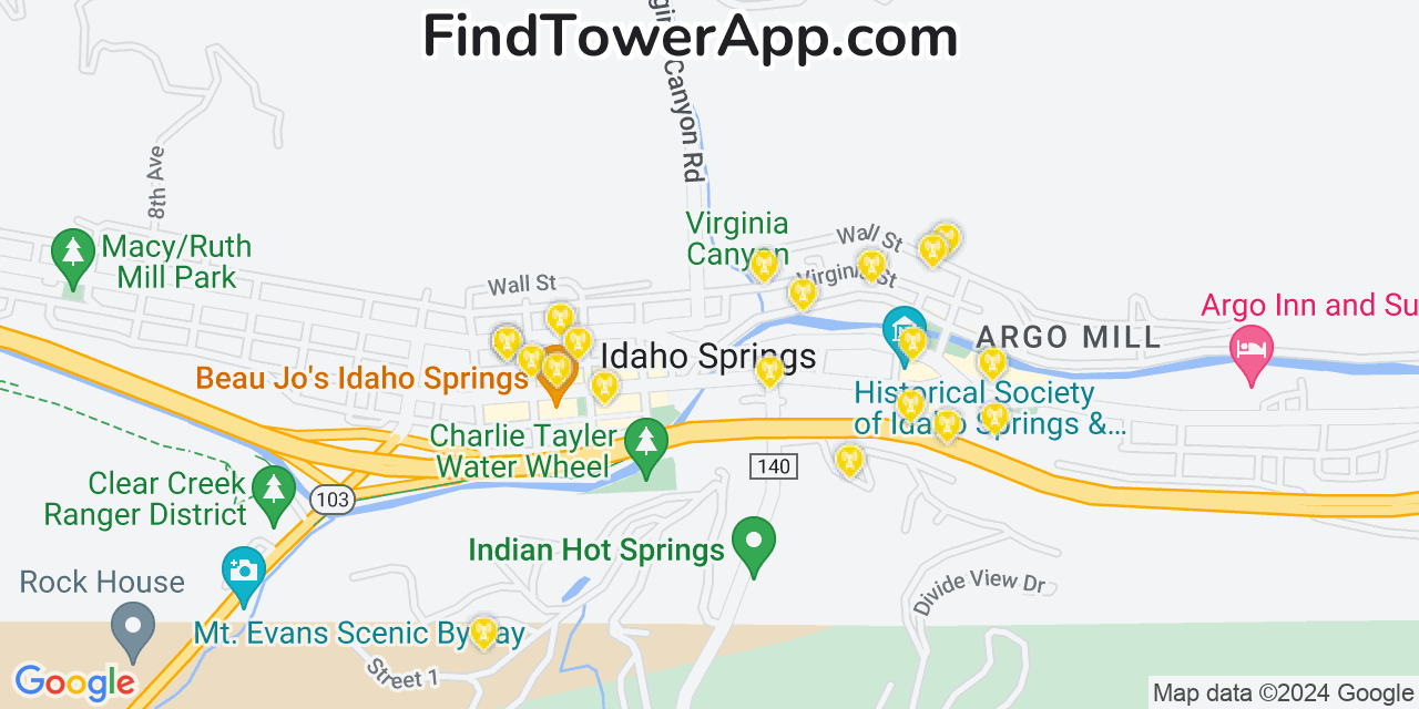 AT&T 4G/5G cell tower coverage map Idaho Springs, Colorado