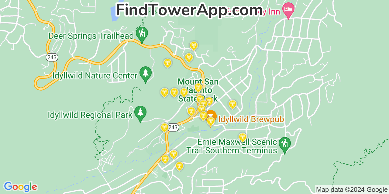 Verizon 4G/5G cell tower coverage map Idyllwild, California