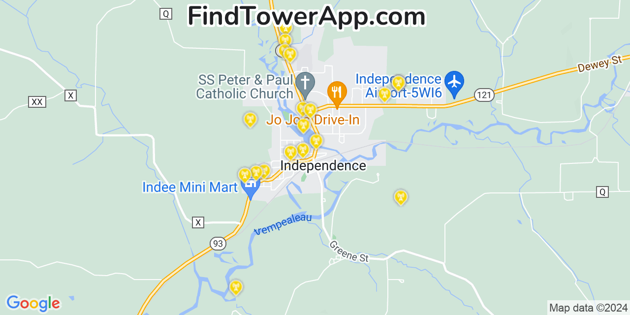 AT&T 4G/5G cell tower coverage map Independence, Wisconsin