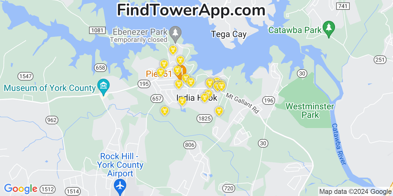 AT&T 4G/5G cell tower coverage map India Hook, South Carolina