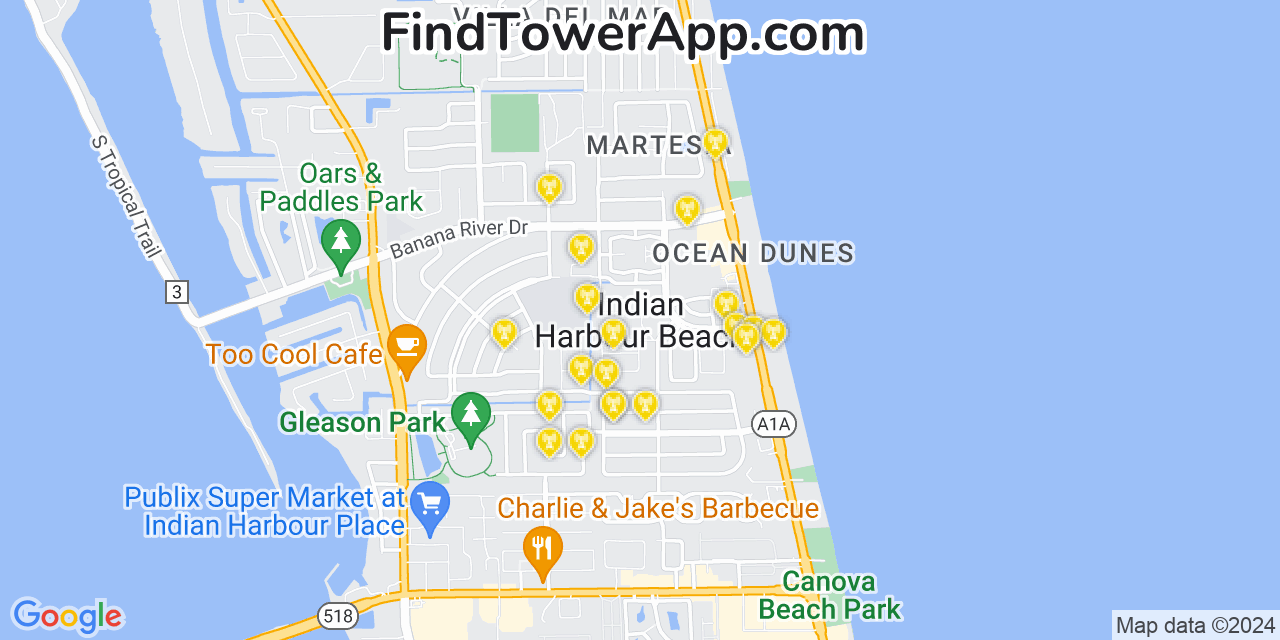 Verizon 4G/5G cell tower coverage map Indian Harbour Beach, Florida