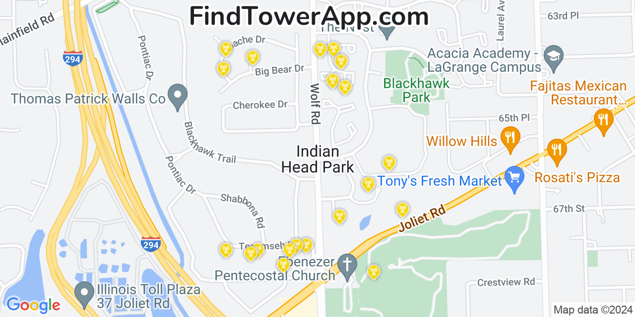 AT&T 4G/5G cell tower coverage map Indian Head Park, Illinois