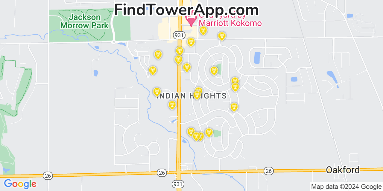 AT&T 4G/5G cell tower coverage map Indian Heights, Indiana