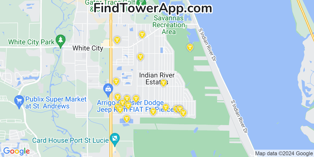 AT&T 4G/5G cell tower coverage map Indian River Estates, Florida