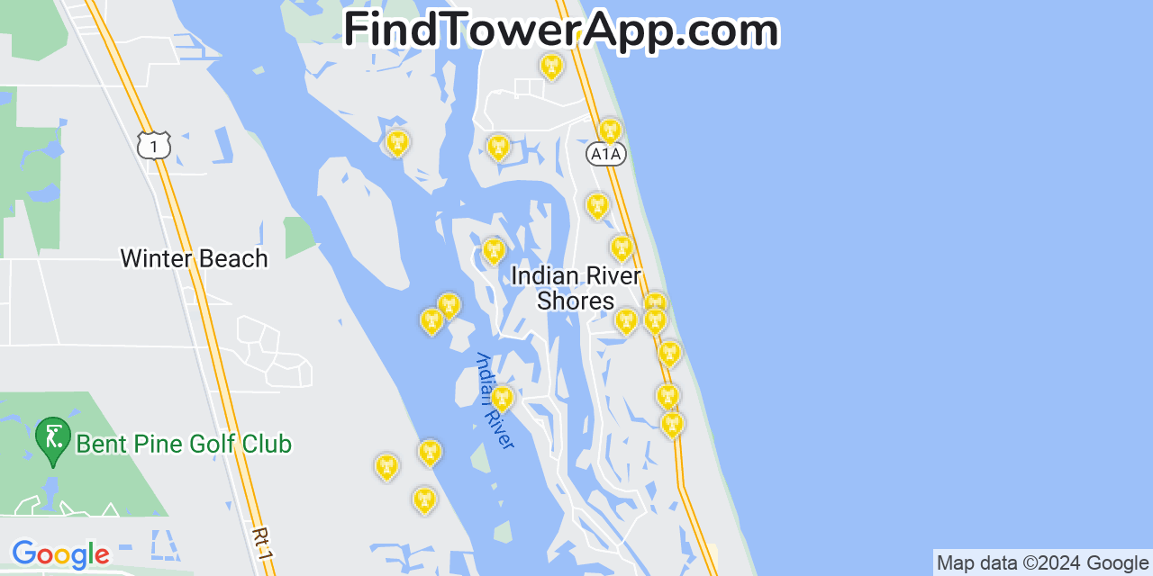 AT&T 4G/5G cell tower coverage map Indian River Shores, Florida