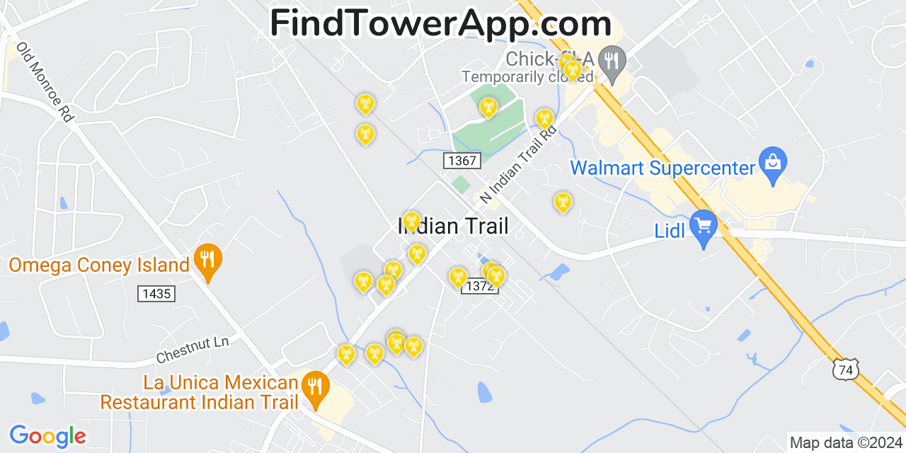 AT&T 4G/5G cell tower coverage map Indian Trail, North Carolina