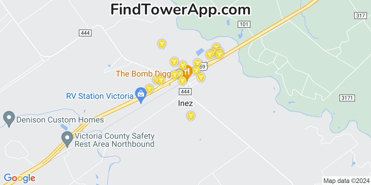 AT&T 4G/5G cell tower coverage map Inez, Texas