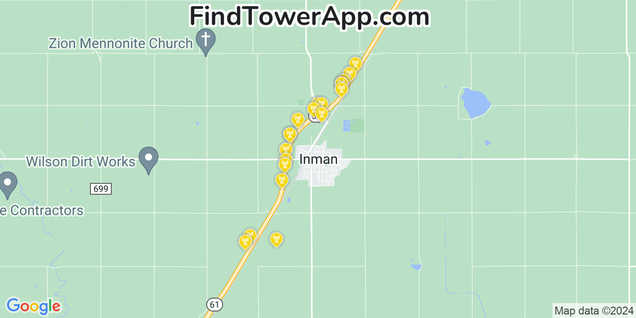 Verizon 4G/5G cell tower coverage map Inman, Kansas