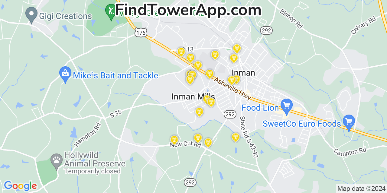 AT&T 4G/5G cell tower coverage map Inman Mills, South Carolina