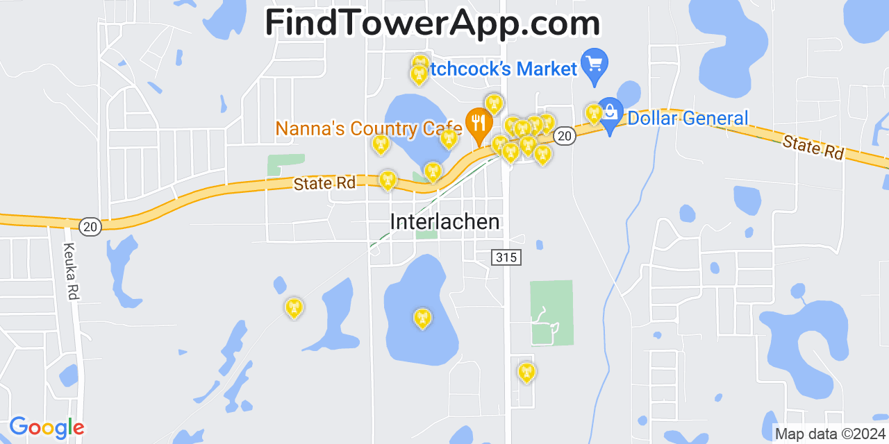 AT&T 4G/5G cell tower coverage map Interlachen, Florida