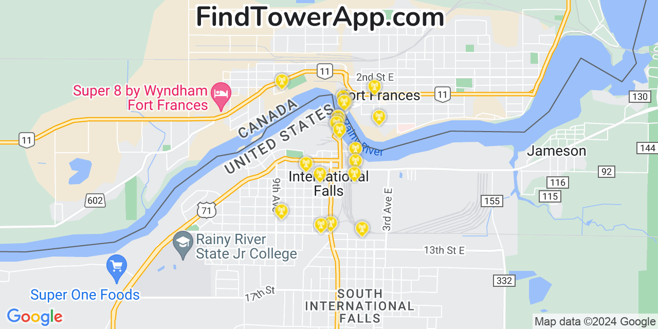 AT&T 4G/5G cell tower coverage map International Falls, Minnesota