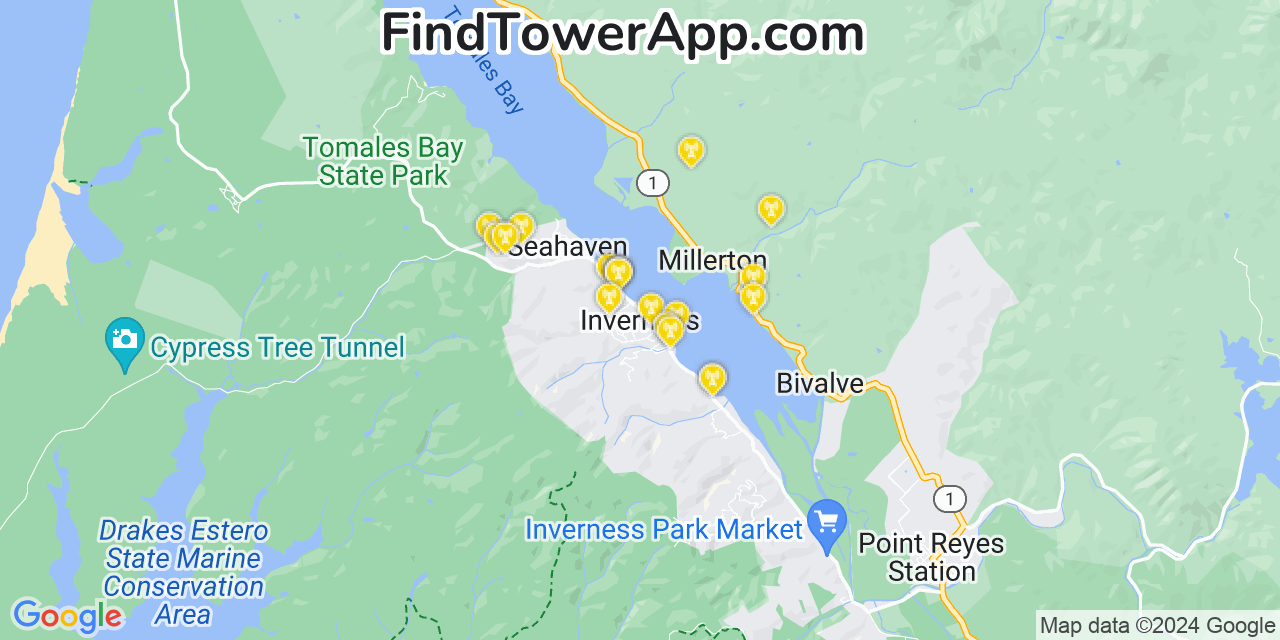 AT&T 4G/5G cell tower coverage map Inverness, California